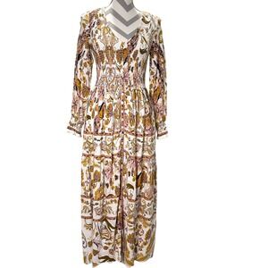 Bohme Smocked Waist Maxi Dress White Floral Print Long Sleeve V Neck XS